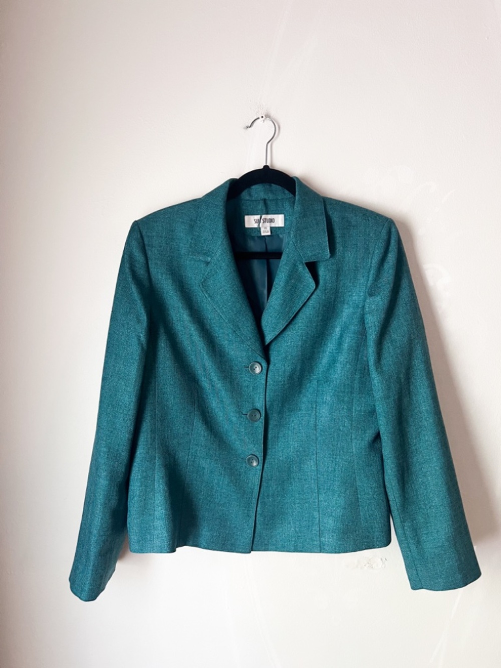 Suit Studio Teal Herringbone Blazer Size 14 Office Academia Quiet Luxury Chic